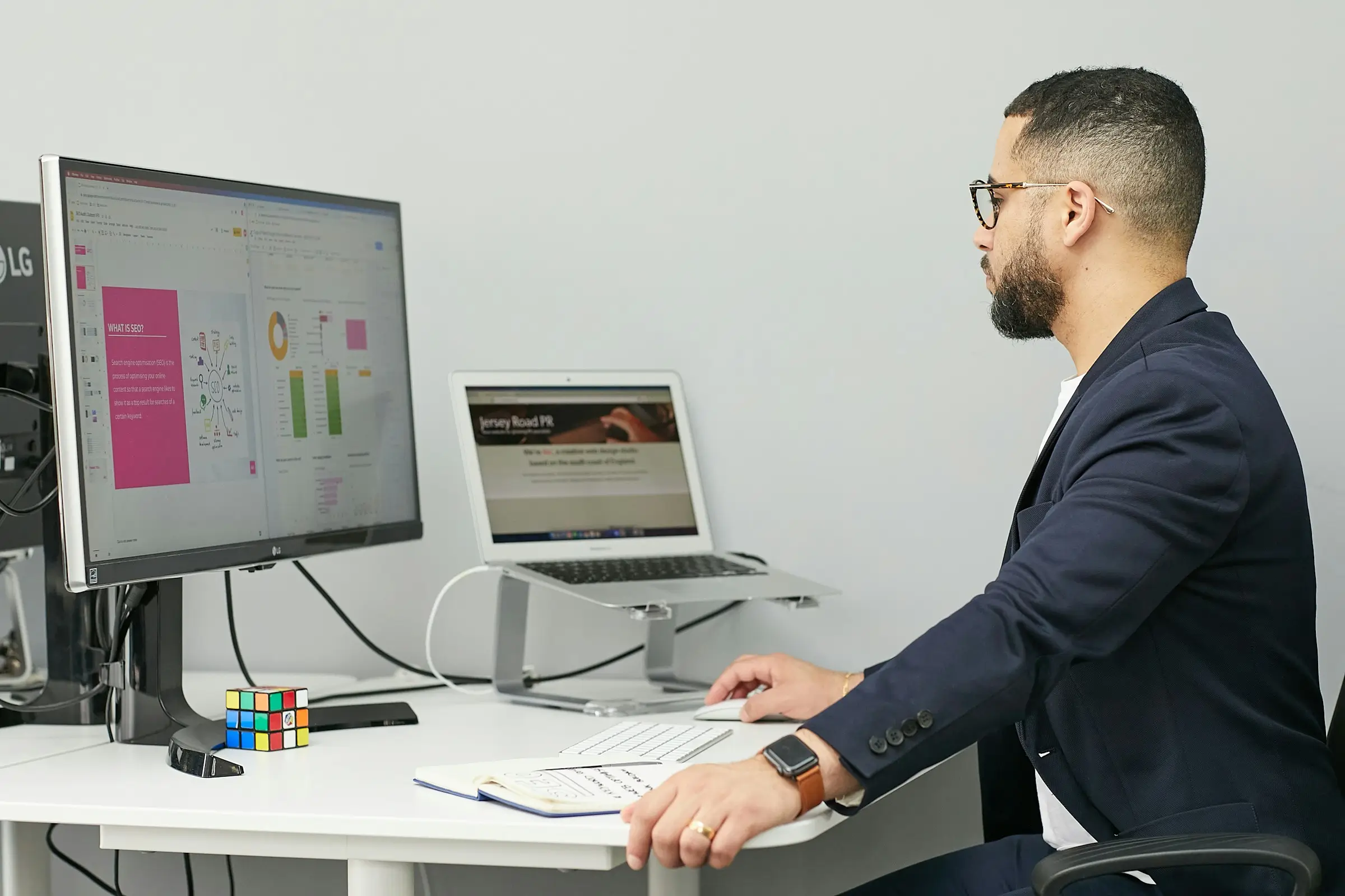 Illustration of a person analyzing with a desktop computer showing bank statement data