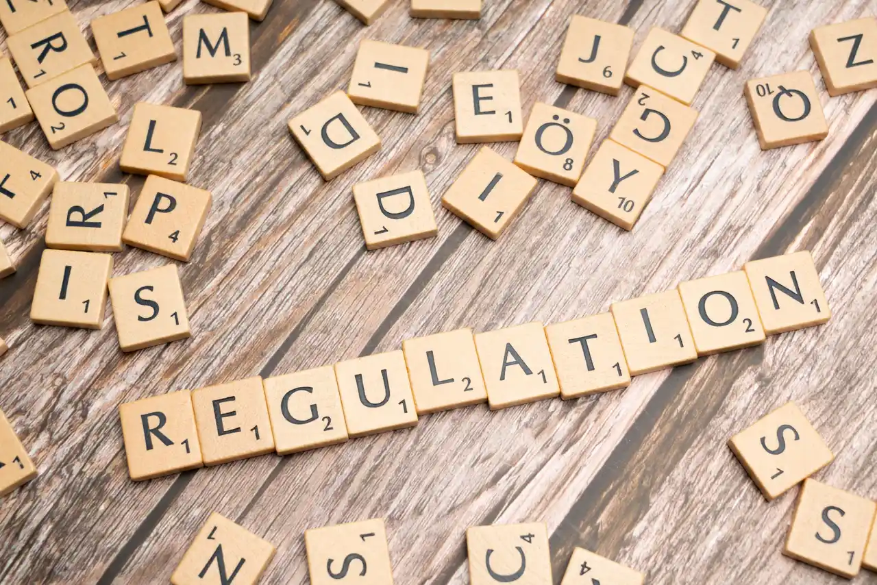 Wooden letter tiles spelling the word Regulation on a textured surface